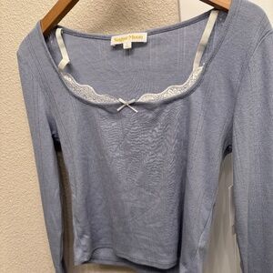 Knits Tops Long Sleeves Lace Pajama French Blue Women Teens L XL